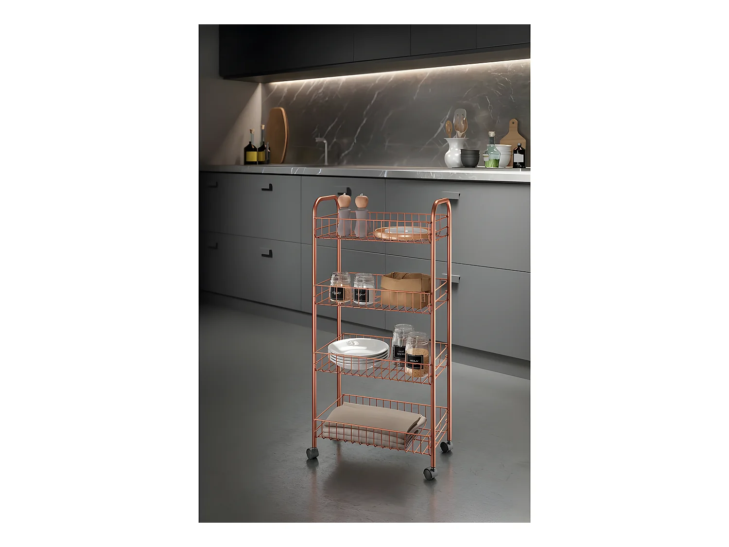 Metaltex Ascona Copper 4 Étagères Multiusage avec Revêtement Exclusif Polytherm® Copper. Couleur Cuivre.