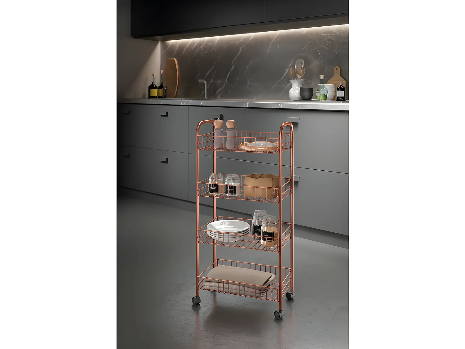 Metaltex Ascona Copper 4 Étagères Multiusage avec Revêtement Exclusif Polytherm® Copper. Couleur Cuivre.