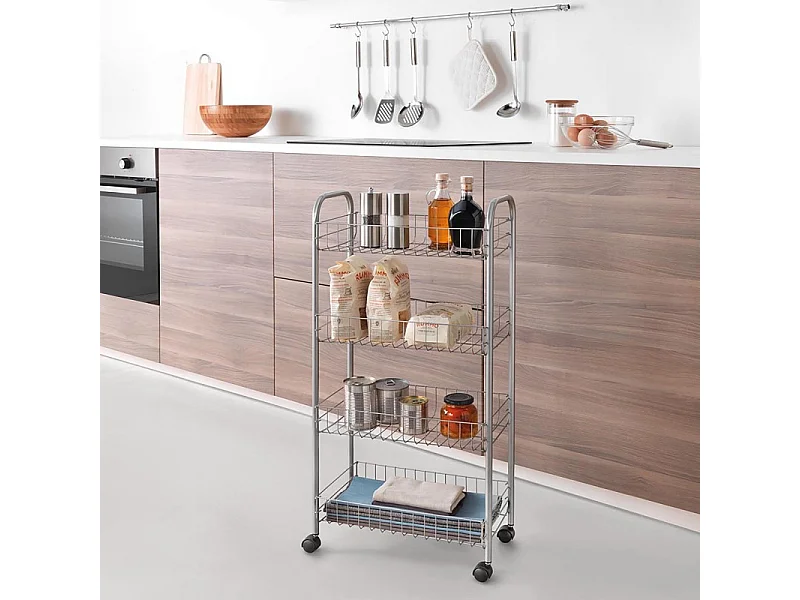 Scaffale mobile ASCONA Metaltex 4 livelli, finitura Polytherm® argento, 41x23x84 cm, anti-ruggine e anti-statico