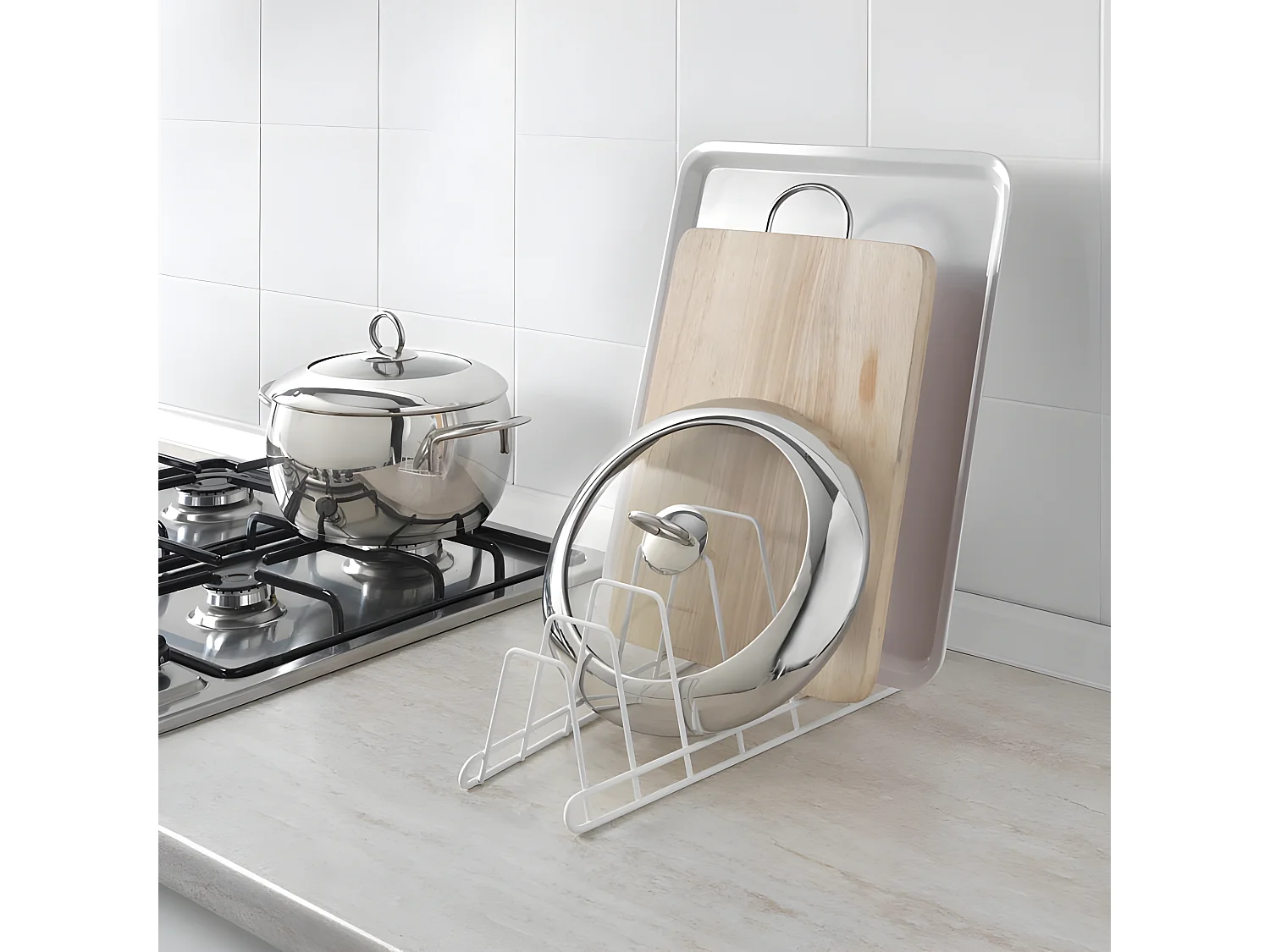 Soporte para Bandejas y Tapas 6 Compartimentos Metaltex Sector Blanco 34x15x18 cm