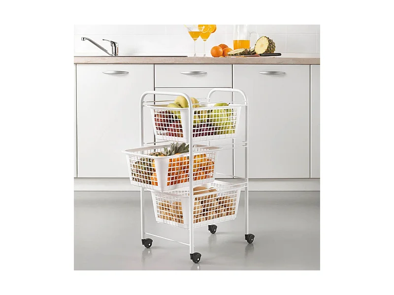 Carrinho de Cozinha com Rodas Branco 3 Cestos Removíveis