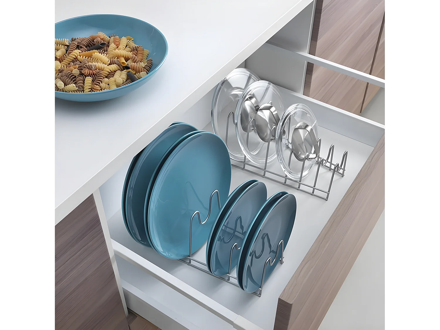 Support de Plateaux/Couvercles avec Poignée 6 Compartiments LIDO de Metaltex. Finition Polytherm® Couleur Gris