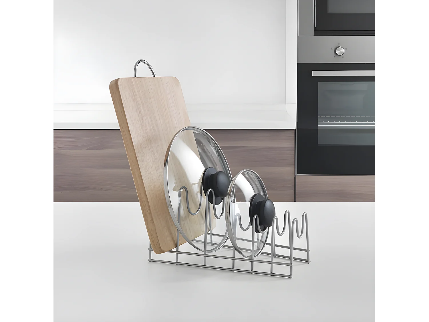 Support de Plateaux/Couvercles avec Poignée 6 Compartiments LIDO de Metaltex. Finition Polytherm® Couleur Gris