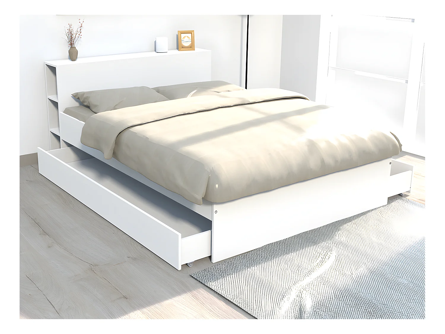 Bett mit Kopfteil & Stauraum & Schubladen + Lattenrost - 140 x 190 cm - Weiß - EUGENE