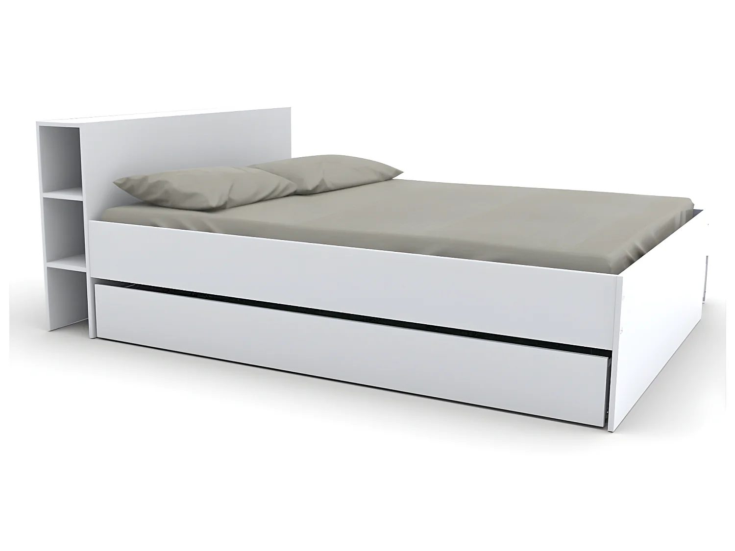 Bed met hoofdbord met opbergvakken en lades - 140 x 190 cm - Wit + Bedbodem - EUGENE