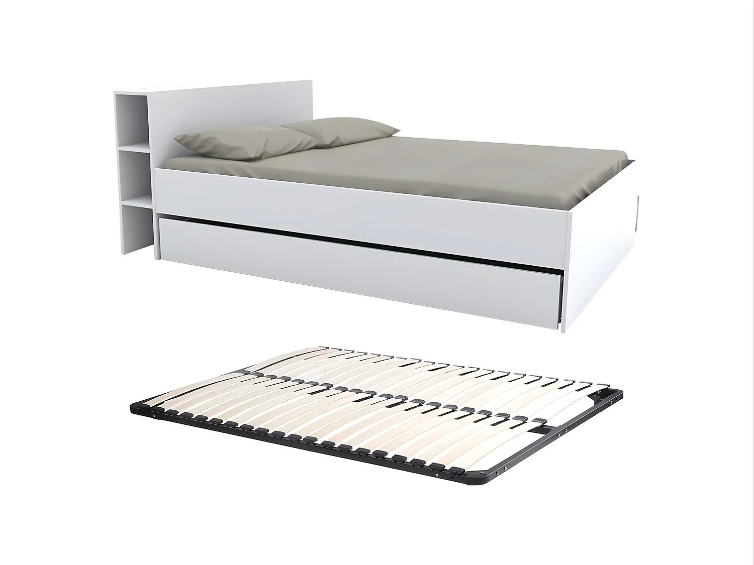Bed met hoofdbord met opbergvakken en lades - 140 x 190 cm - Wit + Bedbodem - EUGENE