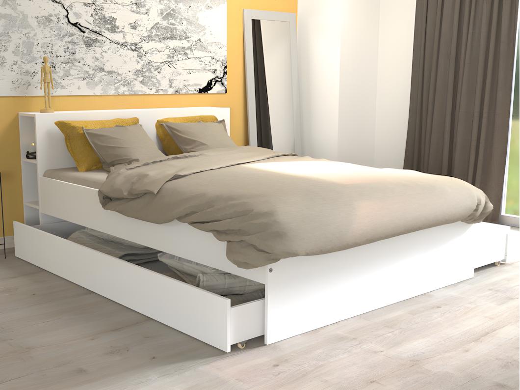 Cama con cabecero con compartimentos y cajones 140 x 190 cm - Blanco + Somier - EUGENE