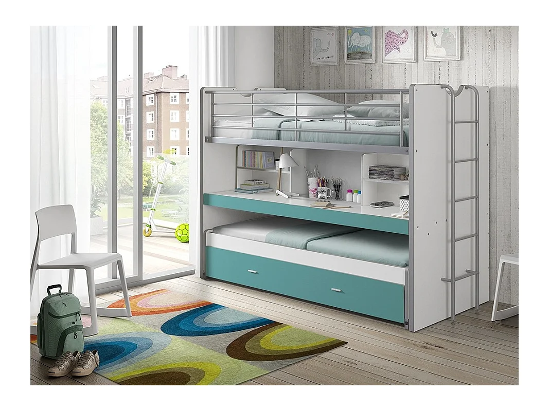 3-zits stapelbed 90x200 cm wit hout en turkooisblauw Bonny