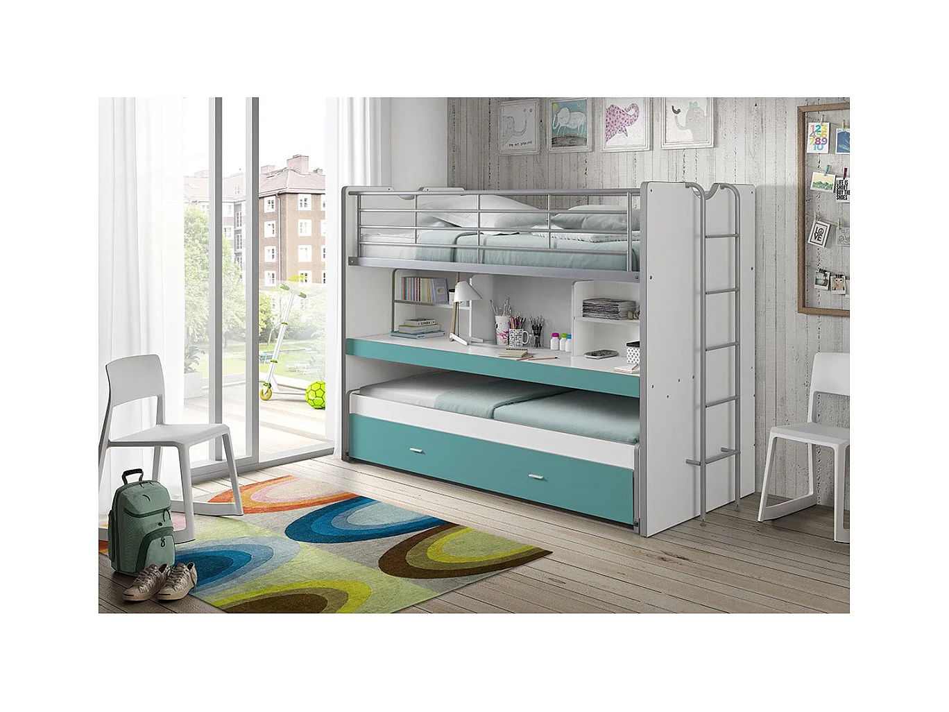 3-zits stapelbed 90x200 cm wit hout en turkooisblauw Bonny