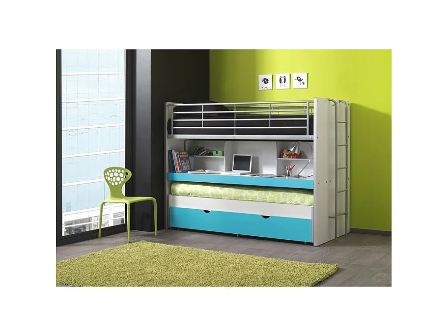 3-zits stapelbed 90x200 cm wit hout en turkooisblauw Bonny