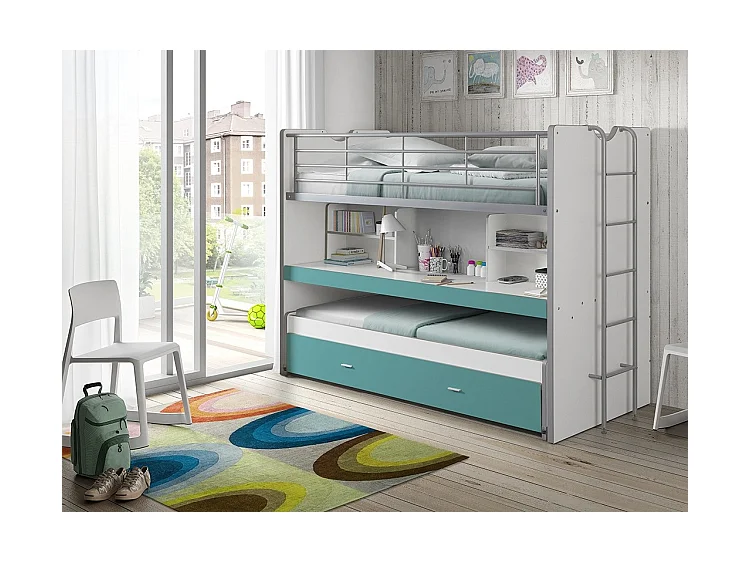 3-zits stapelbed 90x200 cm wit hout en turkooisblauw Bonny