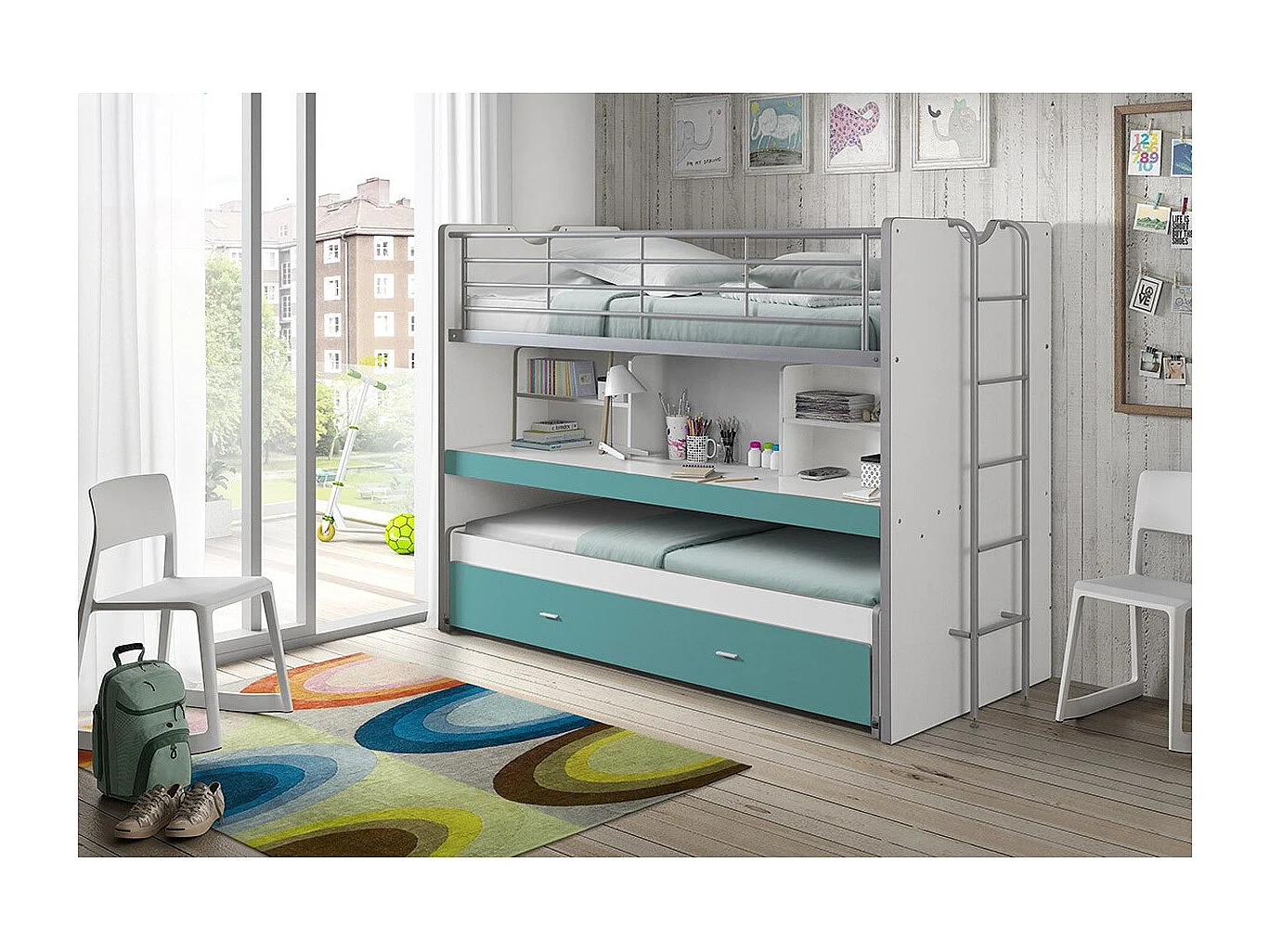 Lit Superposé Enfant "Bonny" 90x200cm Turquoise