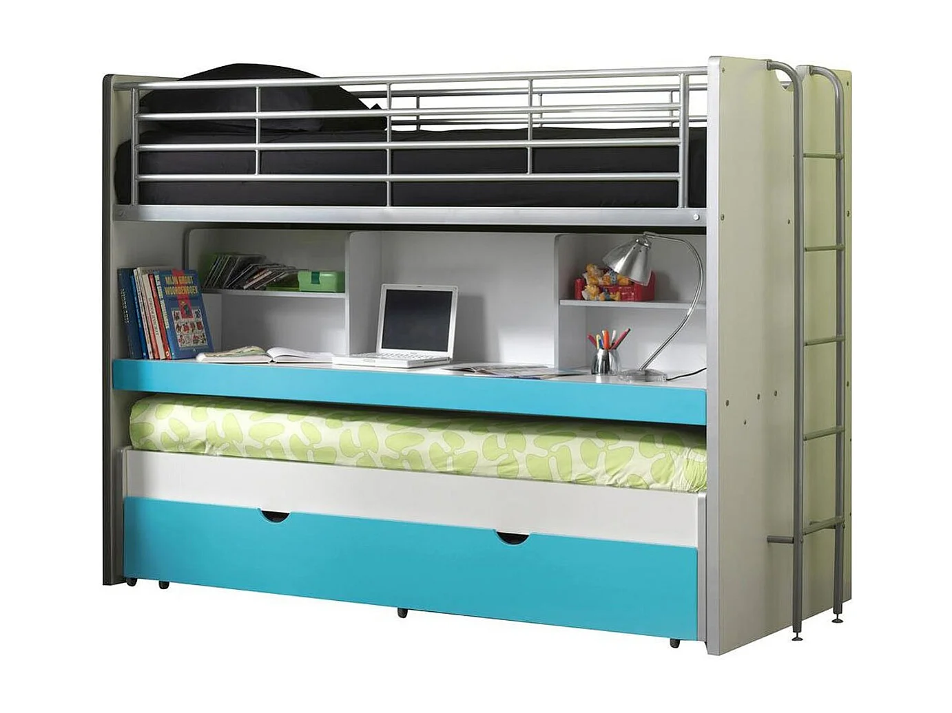 3-zits stapelbed 90x200 cm wit hout en turkooisblauw Bonny