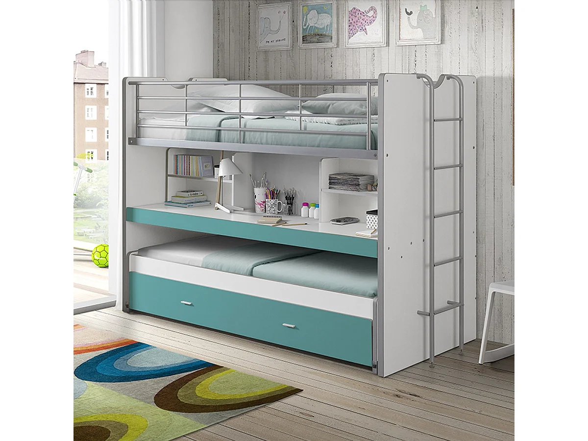 3-zits stapelbed 90x200 cm wit hout en turkooisblauw Bonny