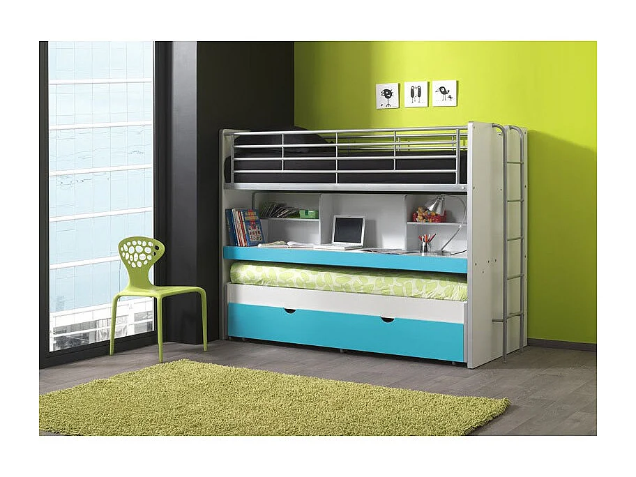 3-zits stapelbed 90x200 cm wit hout en turkooisblauw Bonny