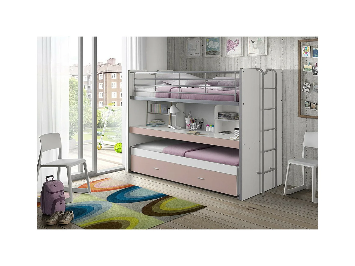 Lit Superposé Enfant "Bonny" 90x200cm Rose