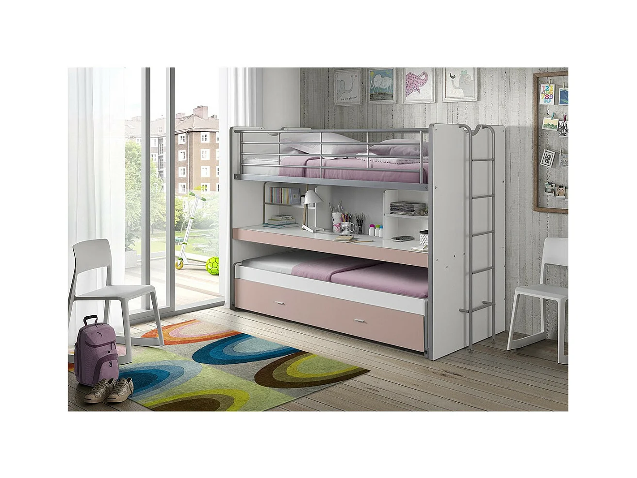 Lit Superposé Enfant "Bonny" 90x200cm Rose