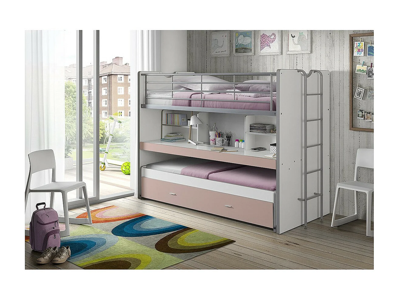 Lit Superposé Enfant "Bonny" 90x200cm Rose