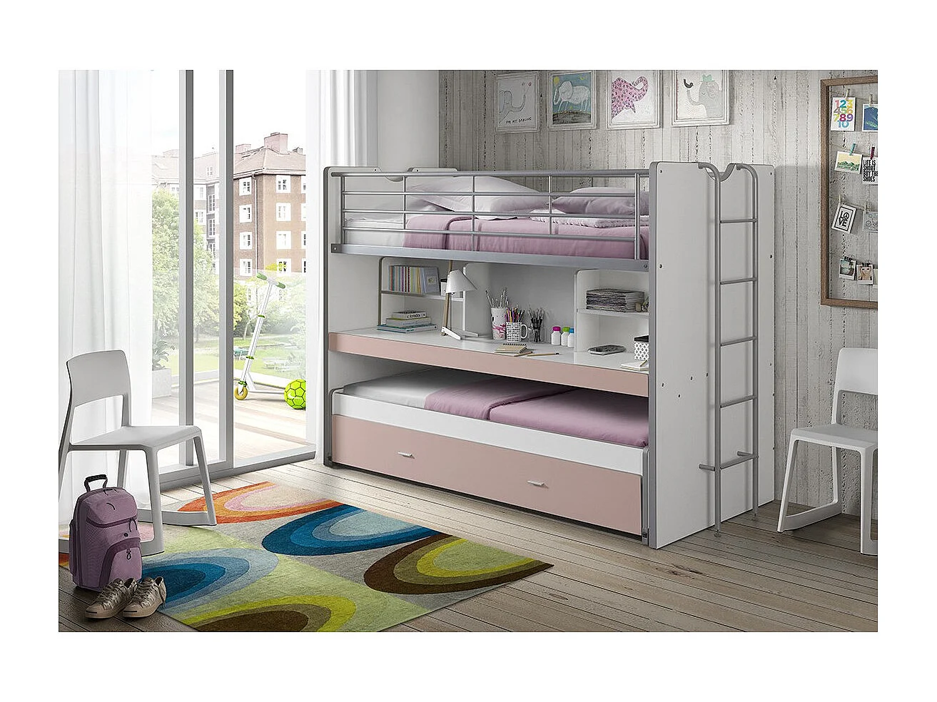 3-zits stapelbed 90x200 cm wit en roze hout Bonny