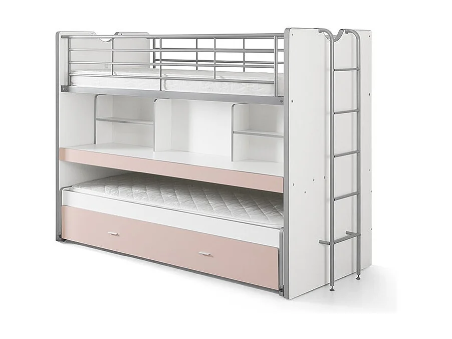 3-zits stapelbed 90x200 cm wit en roze hout Bonny