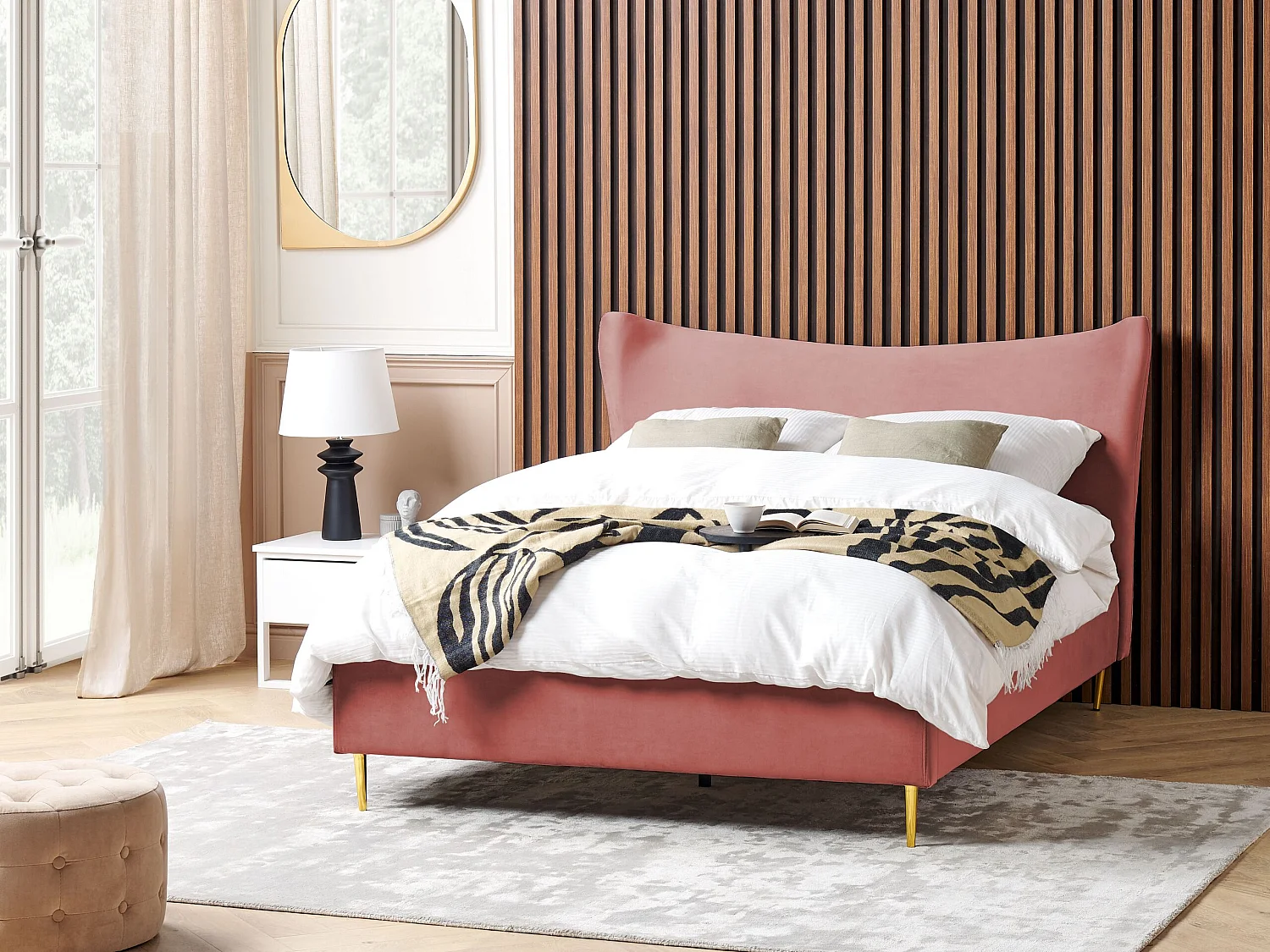 Lit avec sommier Velours CHALEIX 140 x 200 cm Rose pêche