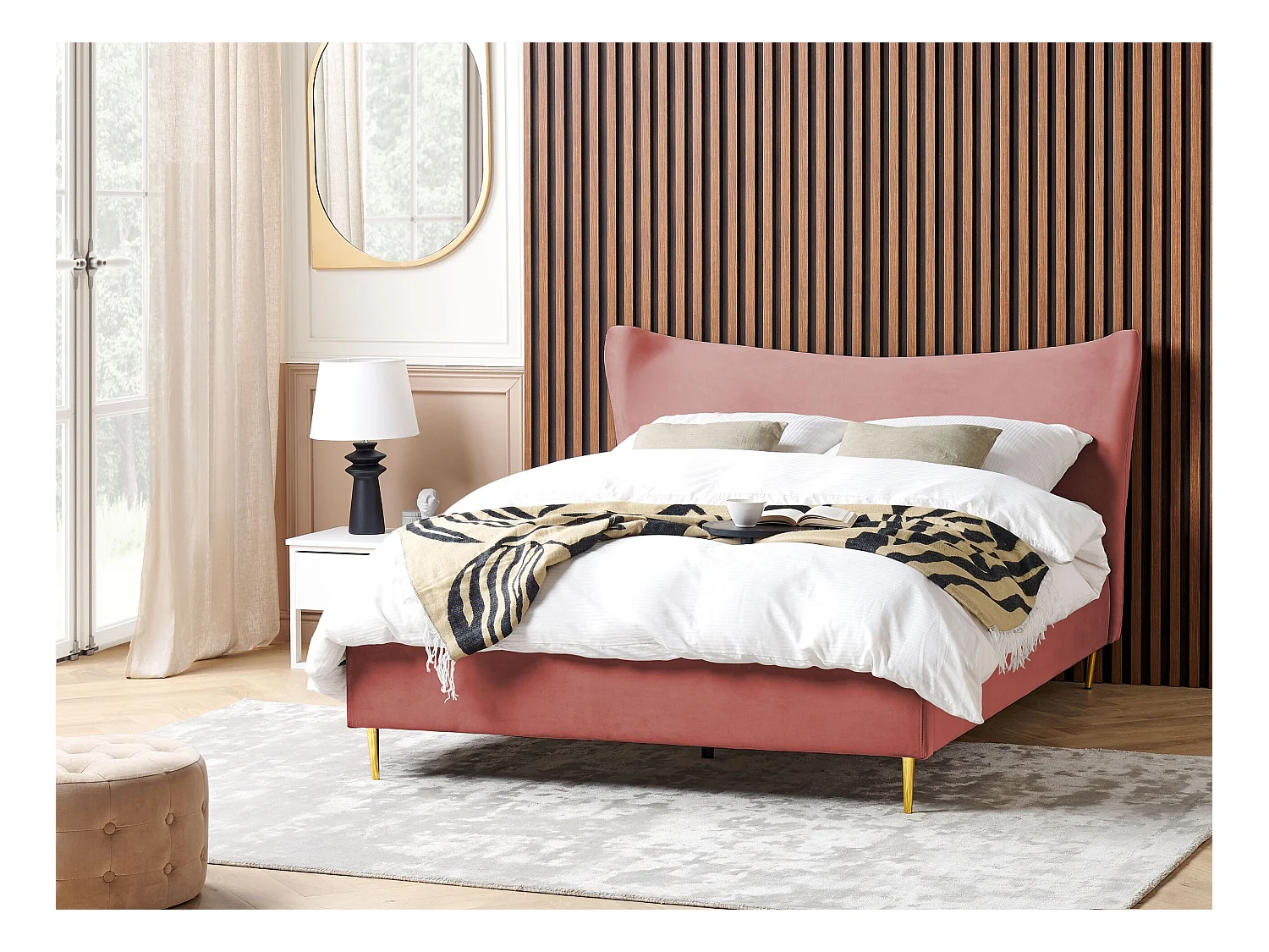 Lit avec sommier Velours CHALEIX 160 x 200 cm Rose pêche