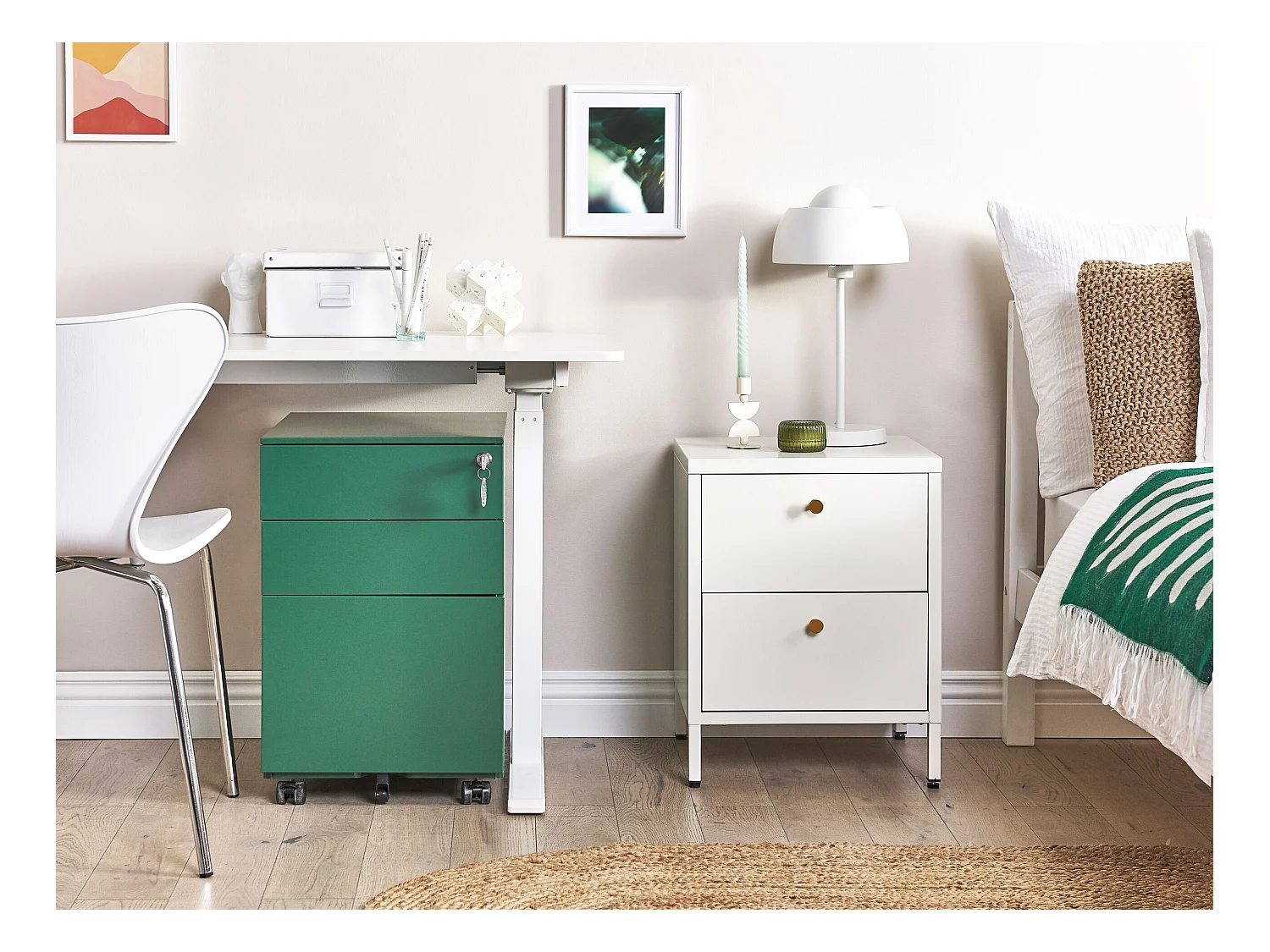 Aktenschrank aus Stahl grün auf Rollen mit 3 Schubladen Cami