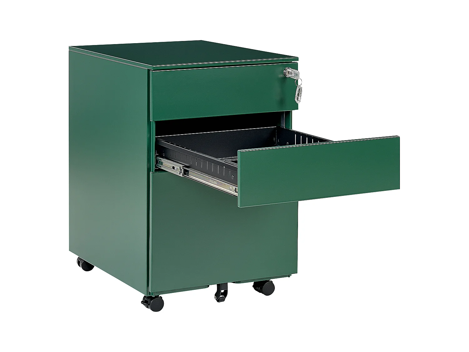 Aktenschrank aus Stahl grün auf Rollen mit 3 Schubladen Cami