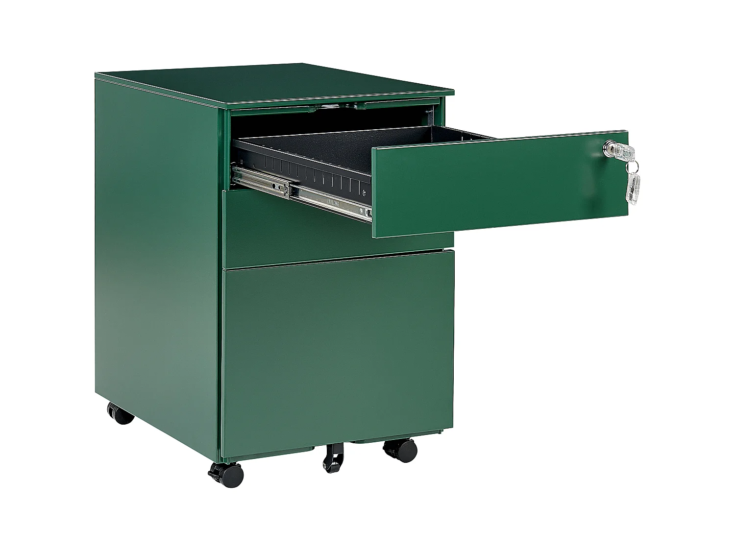 Aktenschrank aus Stahl grün auf Rollen mit 3 Schubladen Cami