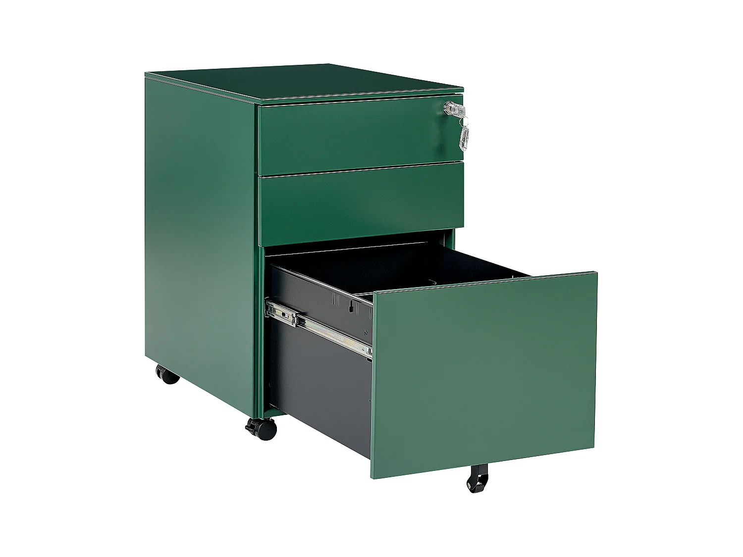 Aktenschrank aus Stahl grün auf Rollen mit 3 Schubladen Cami
