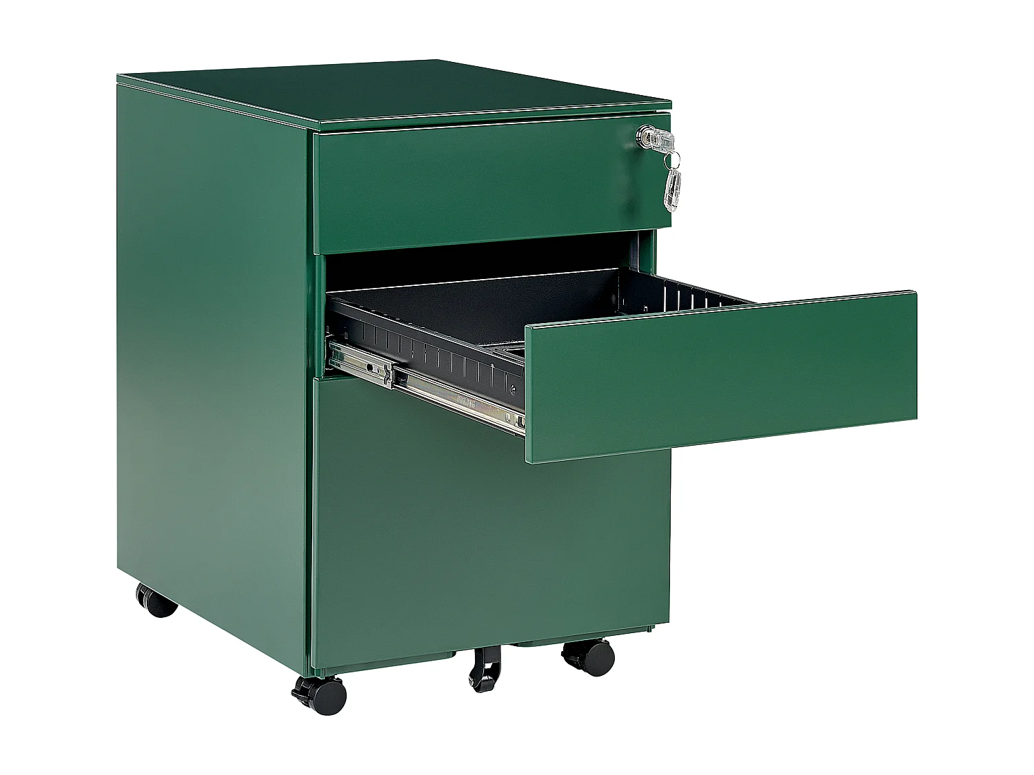Aktenschrank aus Stahl grün auf Rollen mit 3 Schubladen Cami