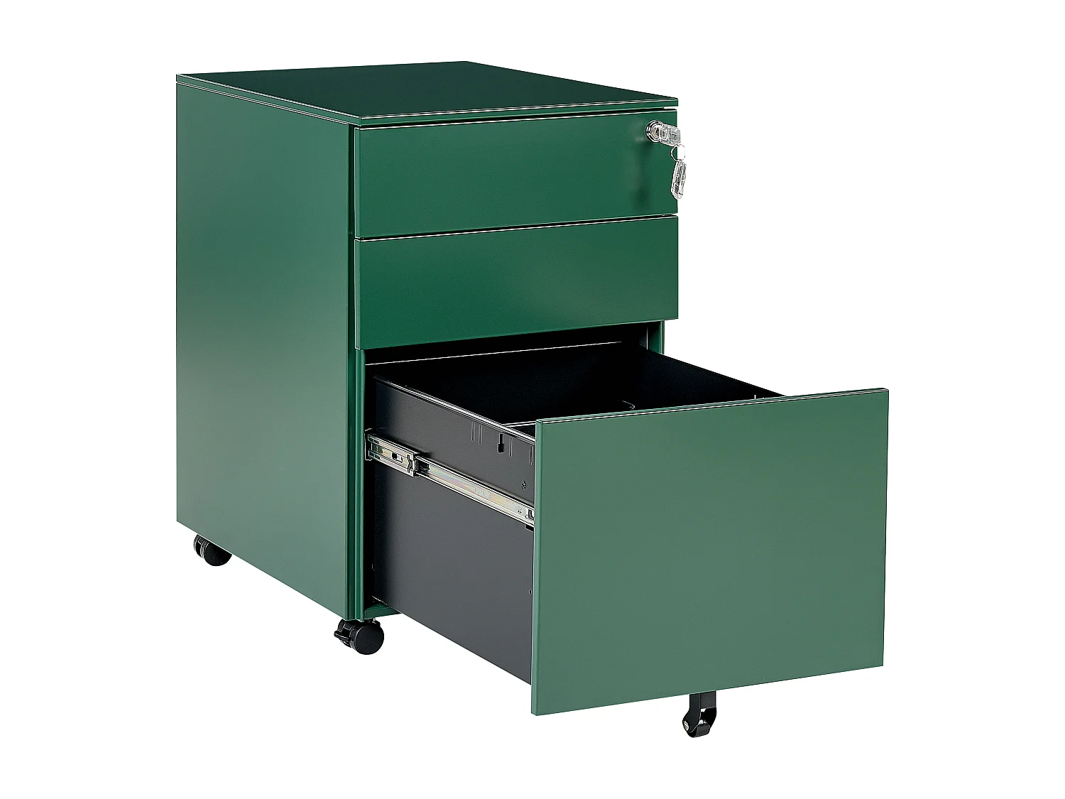 Aktenschrank aus Stahl grün auf Rollen mit 3 Schubladen Cami