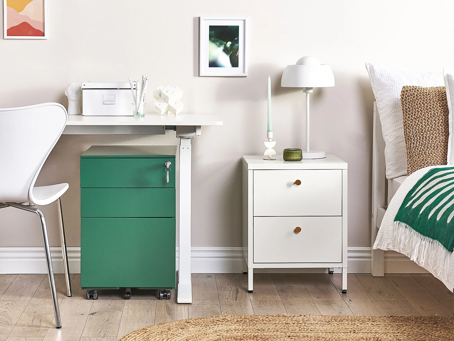 Aktenschrank aus Stahl grün auf Rollen mit 3 Schubladen Cami