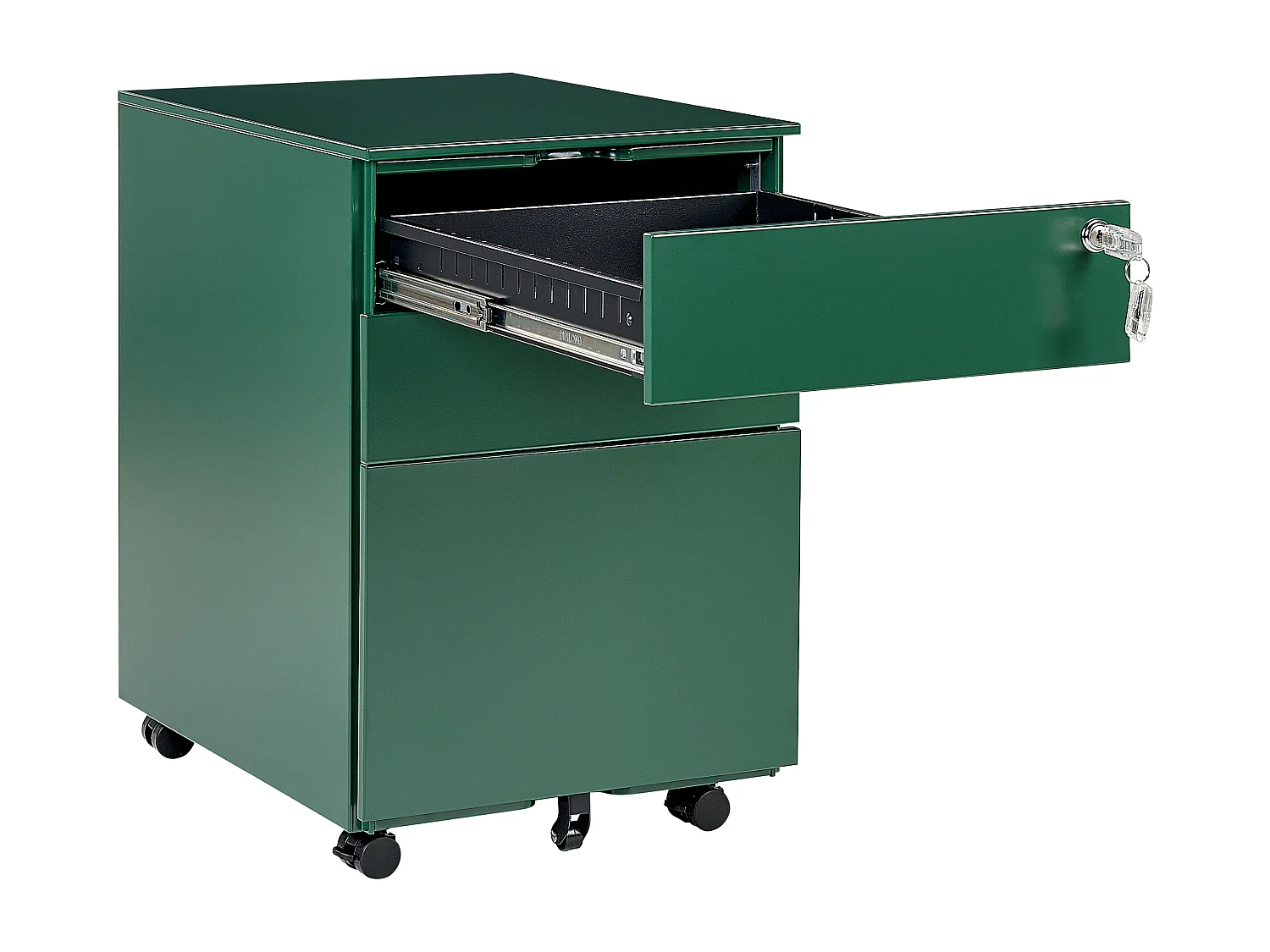 Aktenschrank aus Stahl grün auf Rollen mit 3 Schubladen Cami