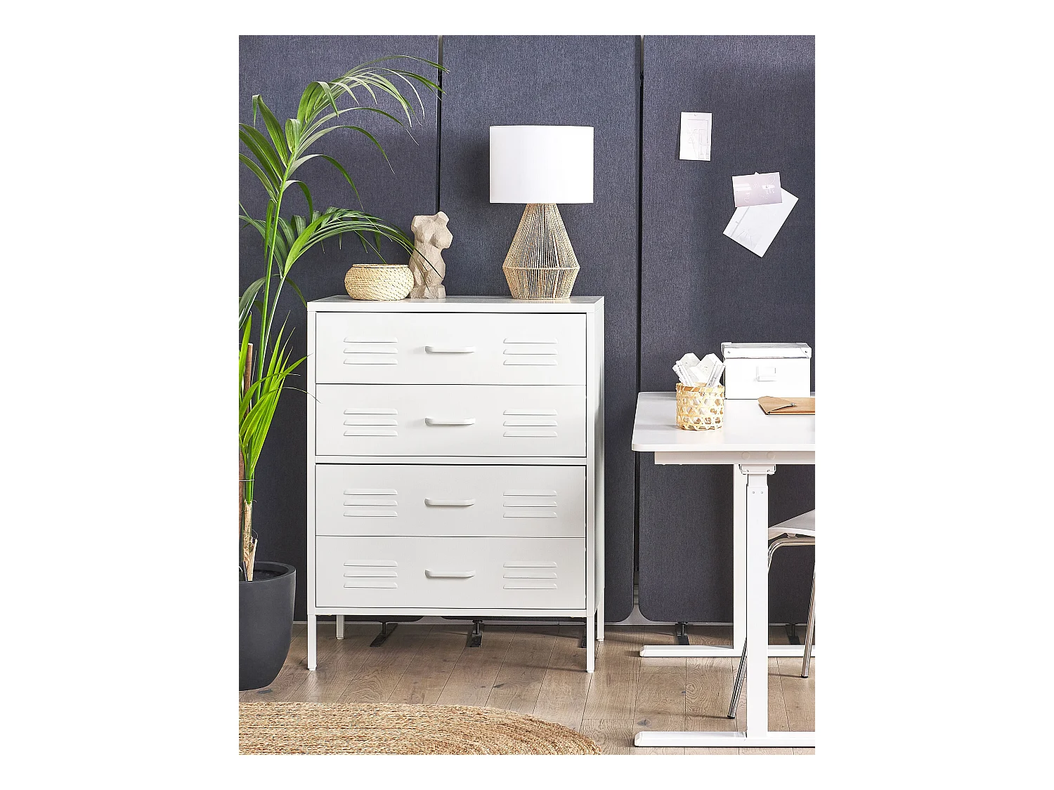 Hohe Kommode mit 4 Schubladen Stahl weiß Lüftungsöffnungen Industrie Stil Enago