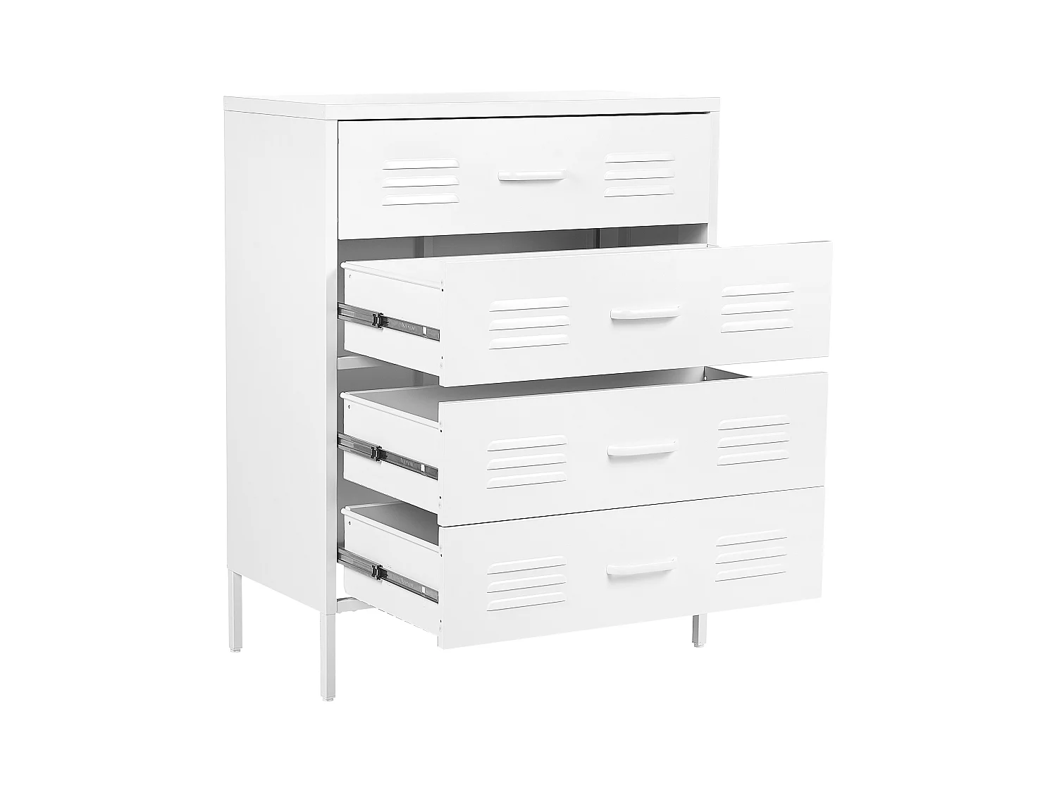 Hohe Kommode mit 4 Schubladen Stahl weiß Lüftungsöffnungen Industrie Stil Enago