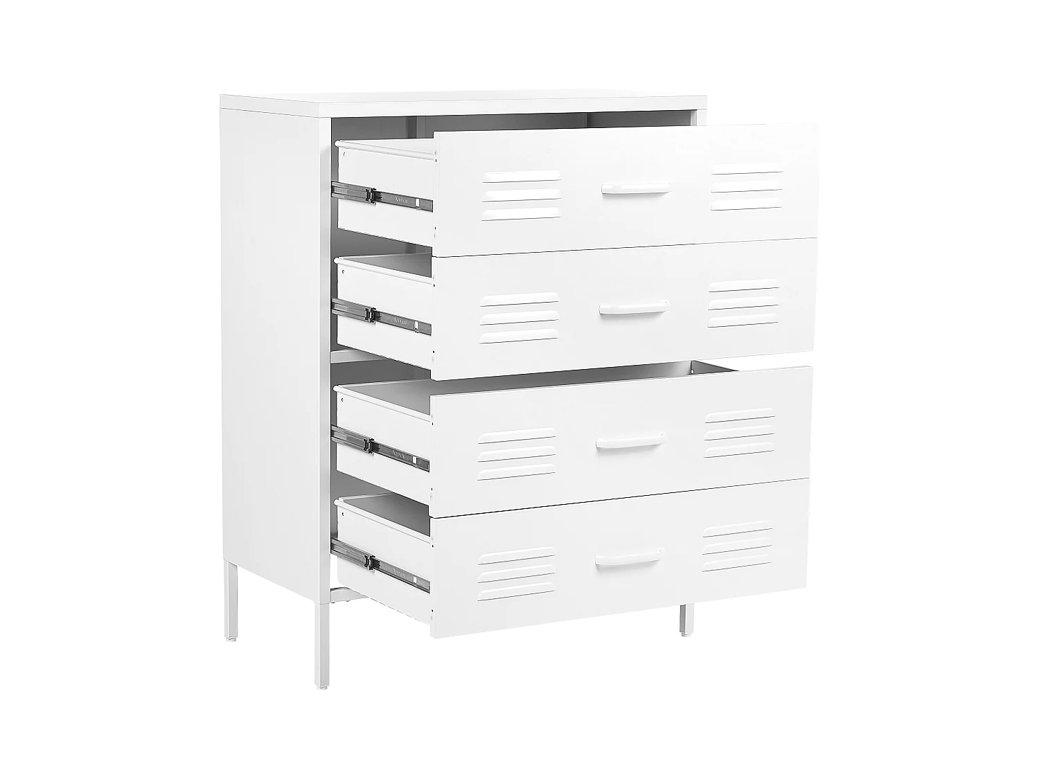 Hohe Kommode mit 4 Schubladen Stahl weiß Lüftungsöffnungen Industrie Stil Enago