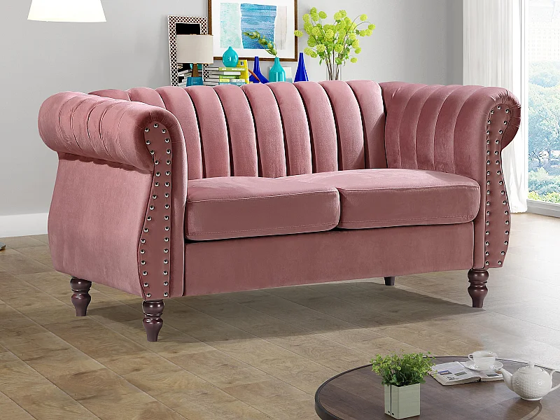 Canapé chesterfield 2 places en velours vieux rose TRUMBO