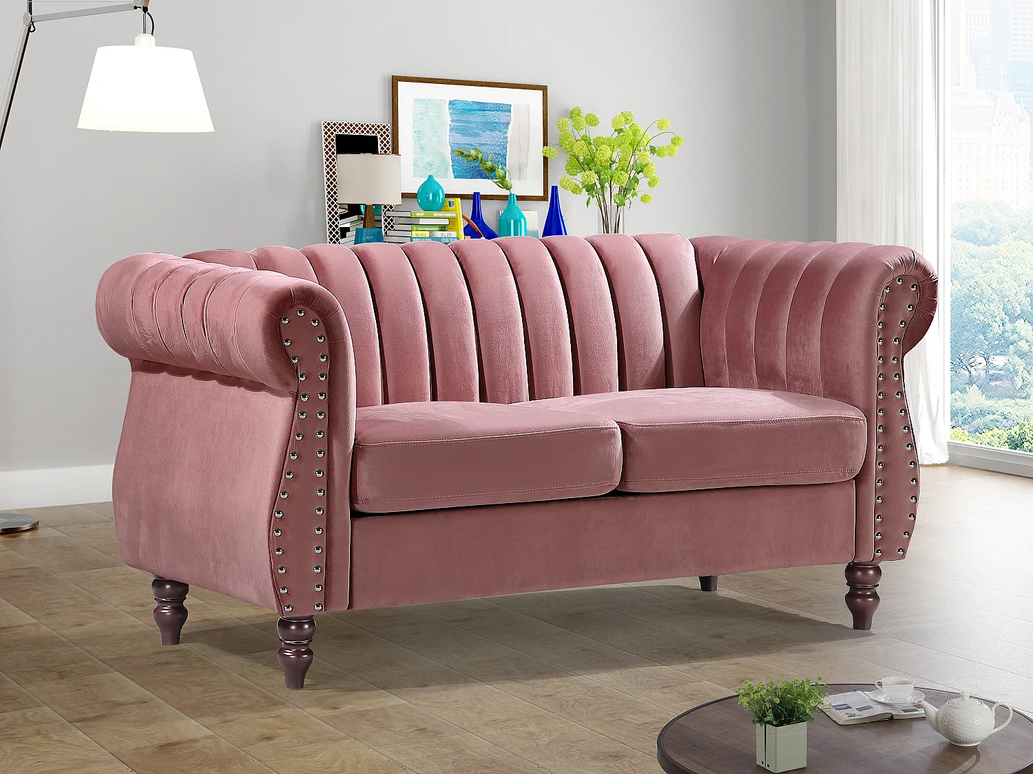 Canapé chesterfield 2 places en velours vieux rose TRUMBO