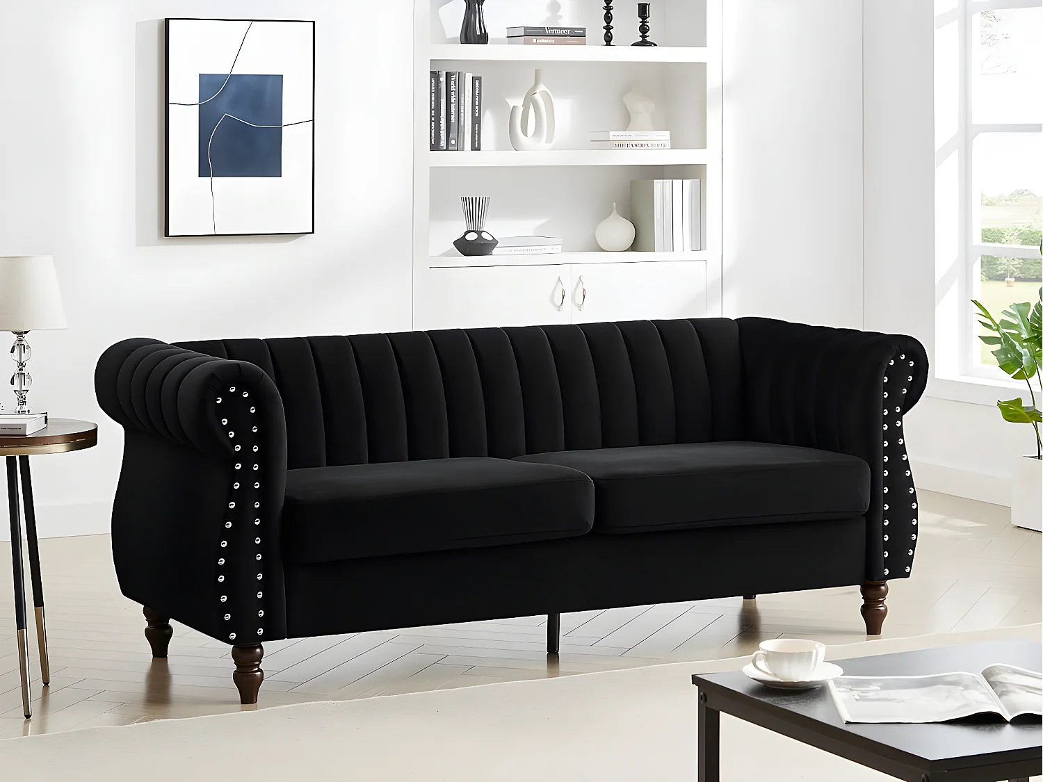 3-seters chesterfield-sofa i svart fløyel TRUMBO
