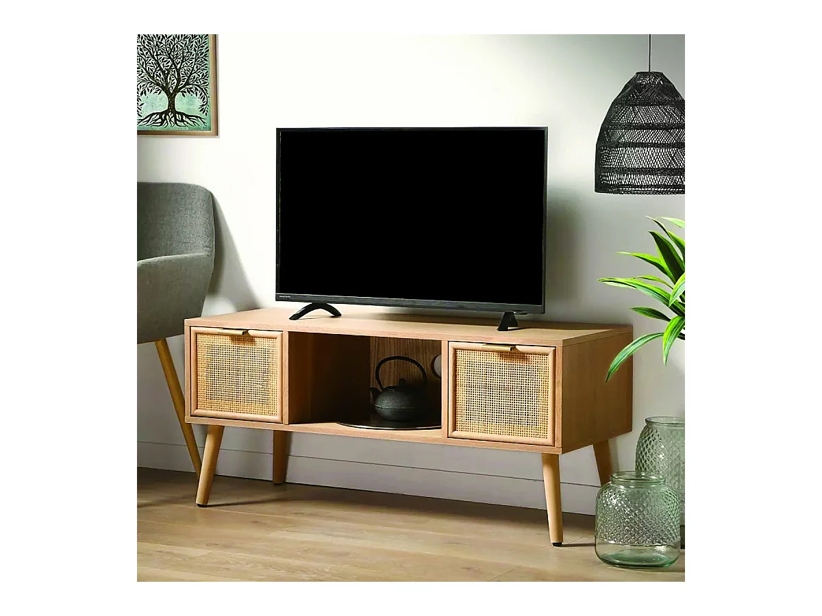 Mueble de TV con 2 cajones y frentes de ratán L100 cm - MIYA
