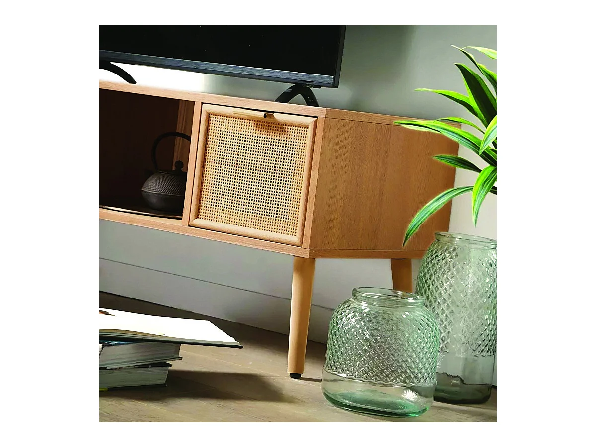 Mueble de TV con 2 cajones y frentes de ratán L100 cm - MIYA