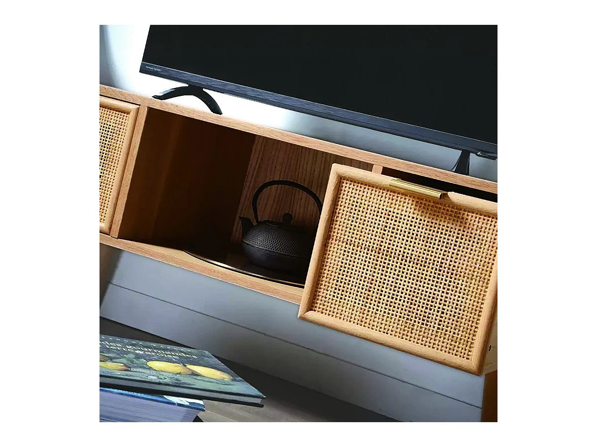Mueble de TV con 2 cajones y frentes de ratán L100 cm - MIYA
