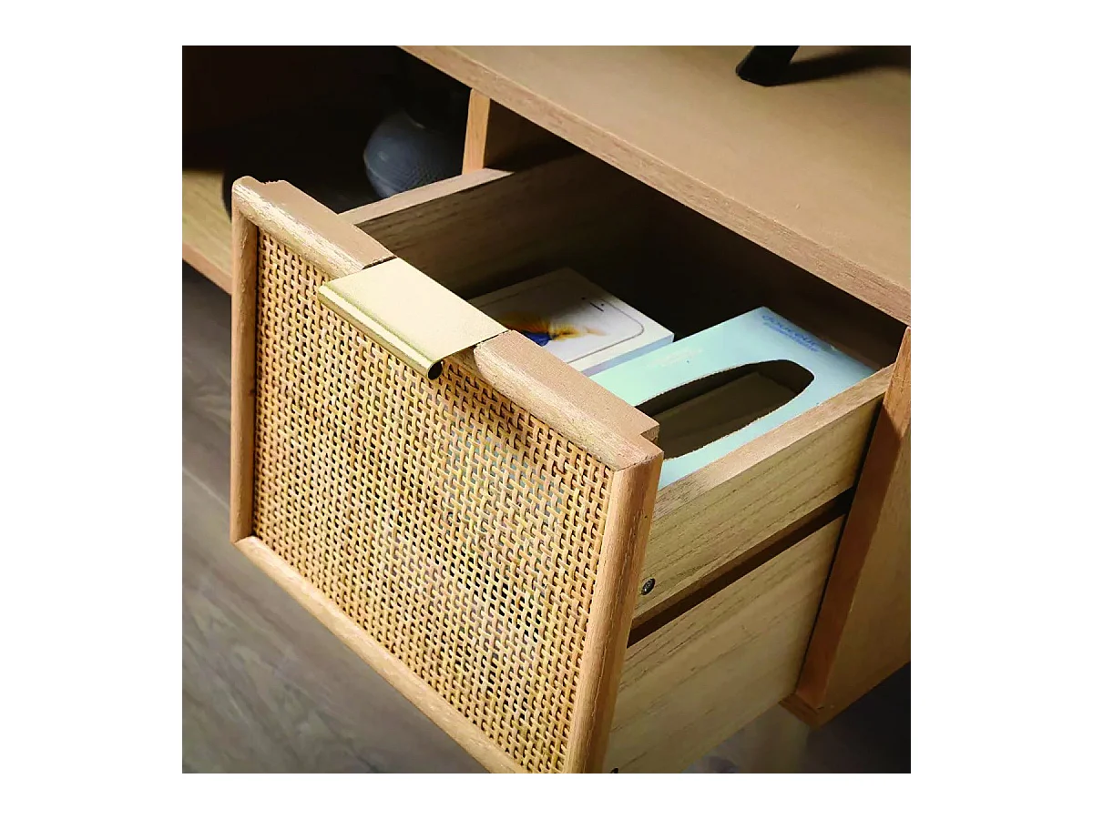 Mueble de TV con 2 cajones y frentes de ratán L100 cm - MIYA