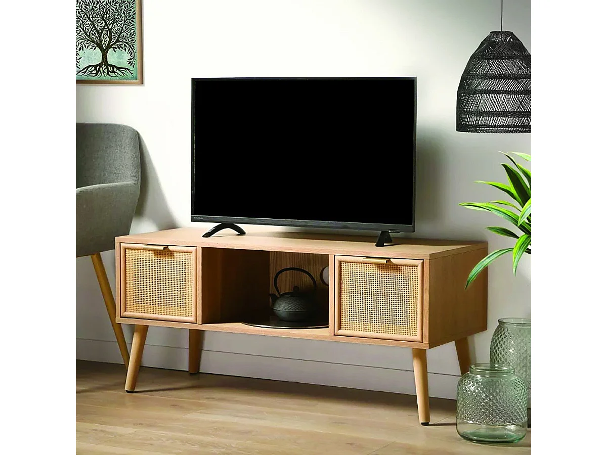 TV-meubel met 2 lades en rotan voorkant L100 cm - MIYA