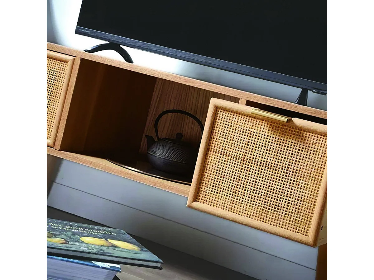 TV-meubel met 2 lades en rotan voorkant L100 cm - MIYA
