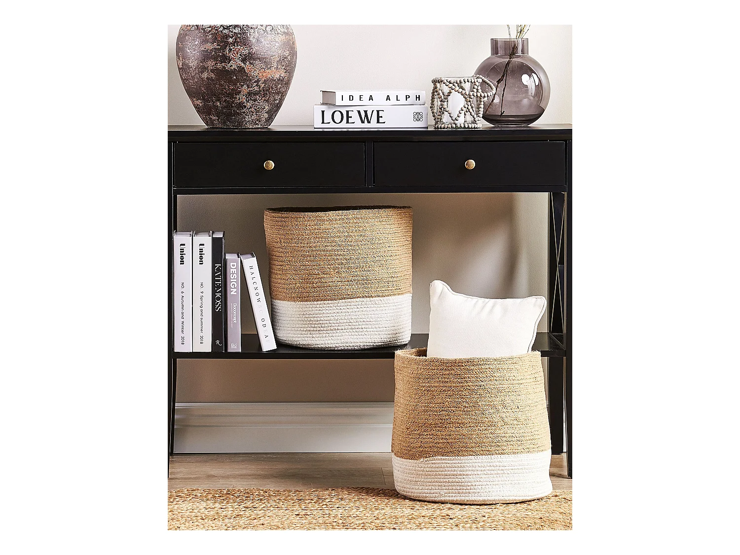 Aufbewahrungskörbe aus Jute beige/natürlich/weiß rund Boho Stil 2er Set Bulanik