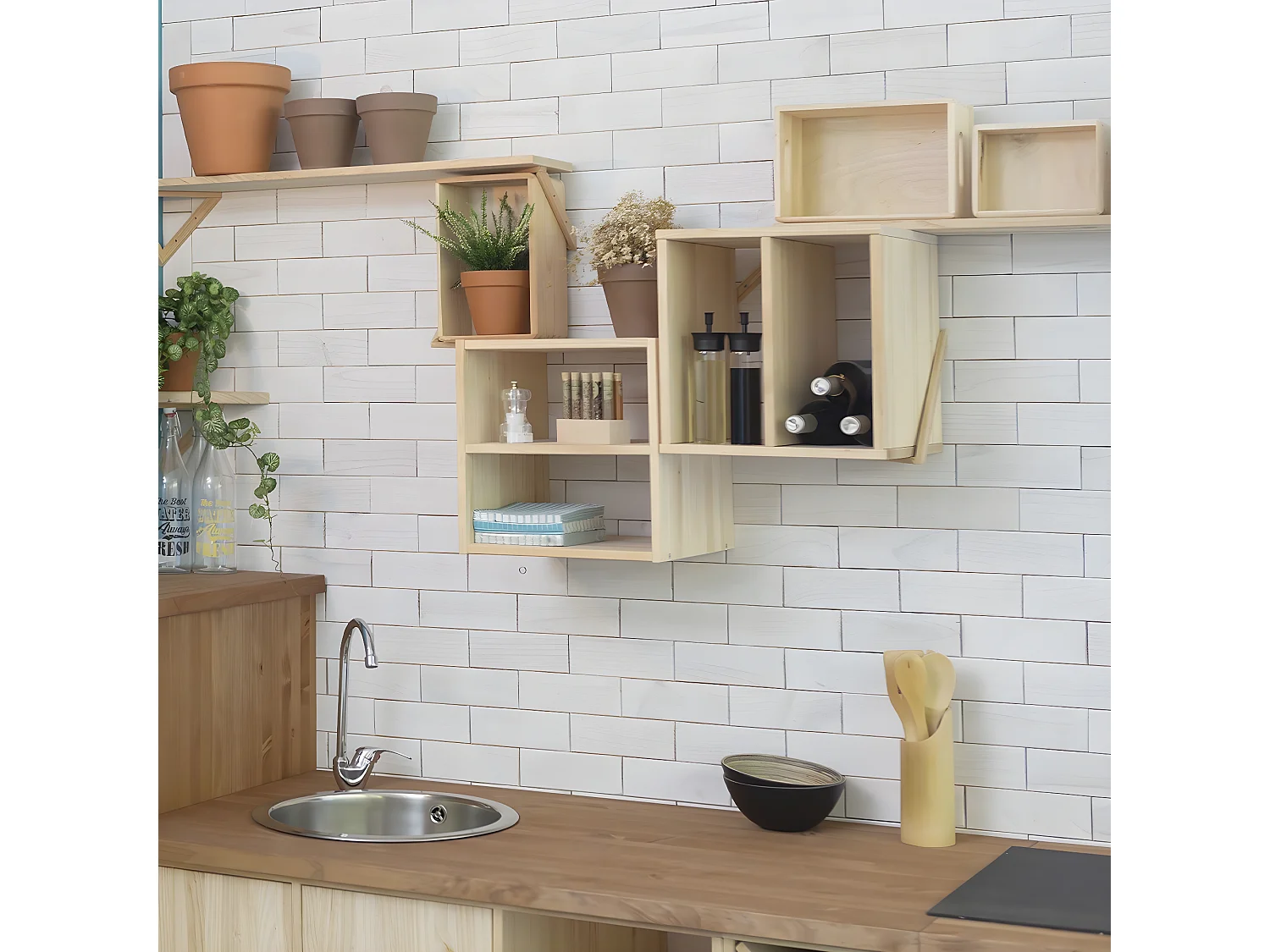 Etagère cube en pin massif avec une tablette intermédiaire - L36,2 x H36,2 cm