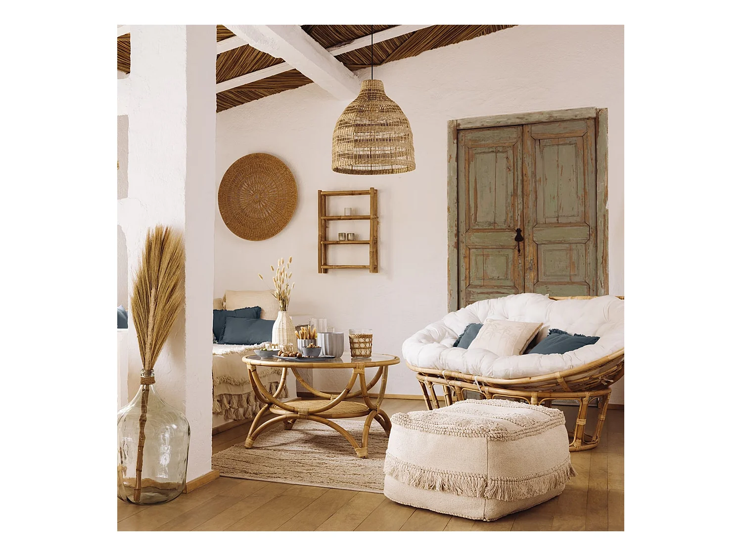 Banquette 2 places en Rotin et coussin en Coton 170 x 108 cm