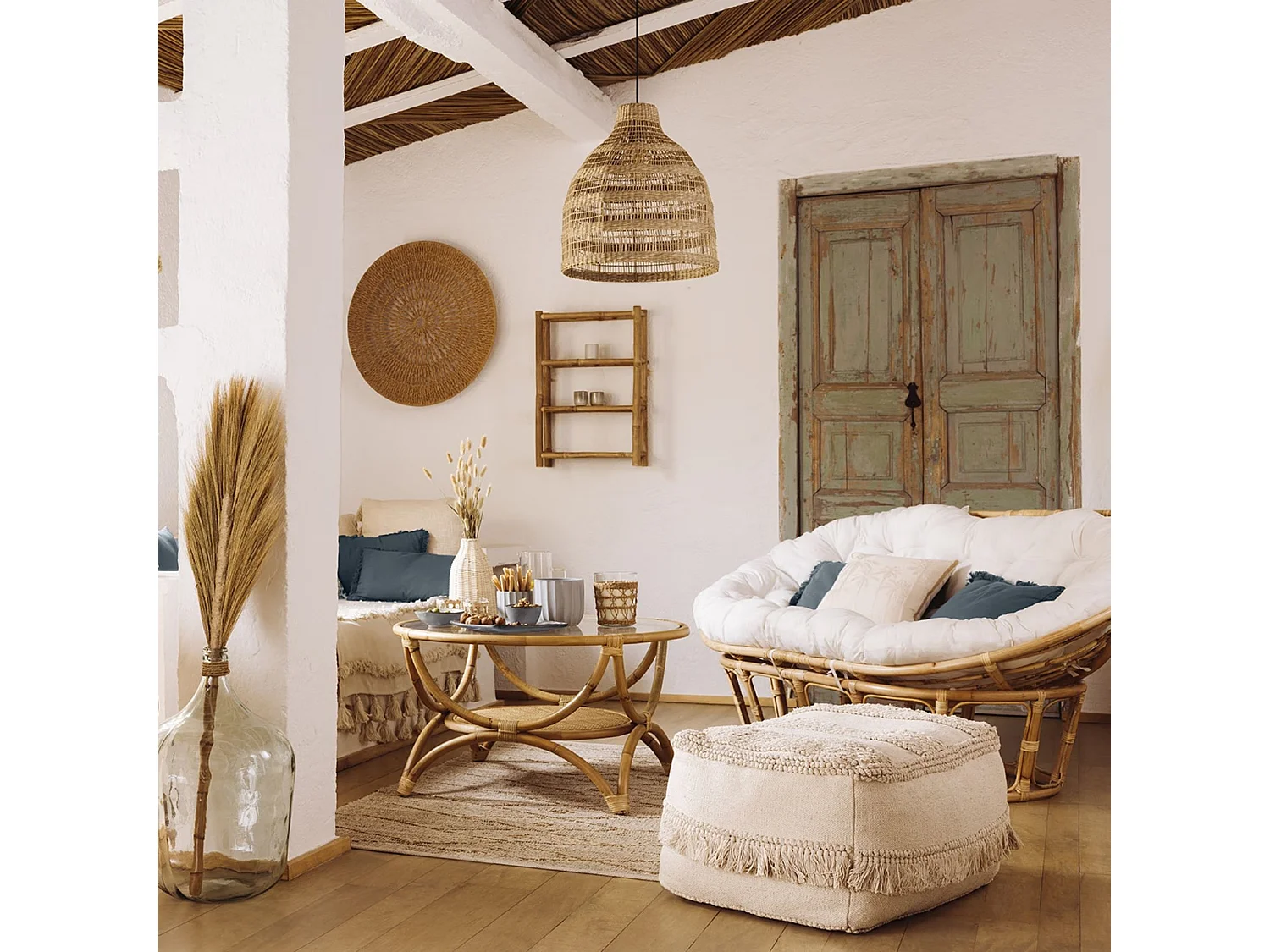 Banquette 2 places en Rotin et coussin en Coton 170 x 108 cm